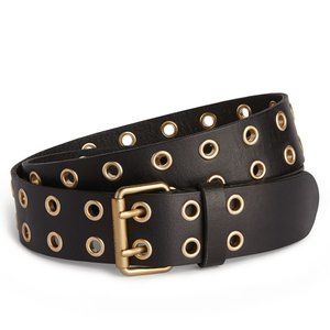 NWOT All Saints Iryna leather double eyelet stud belt, black and gold, size S